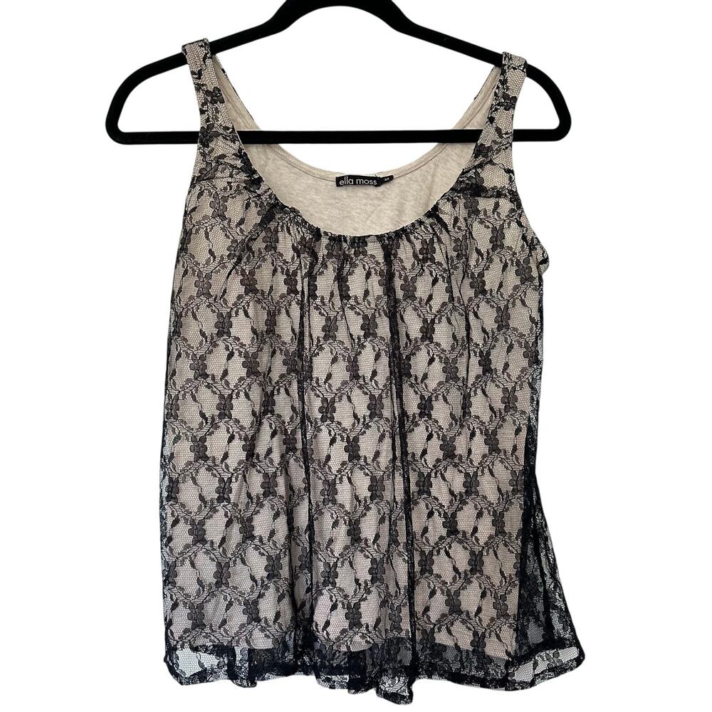 Ella Moss (XS) Lace Overlay Tank Top Beige Black Sleeveless Swing Top